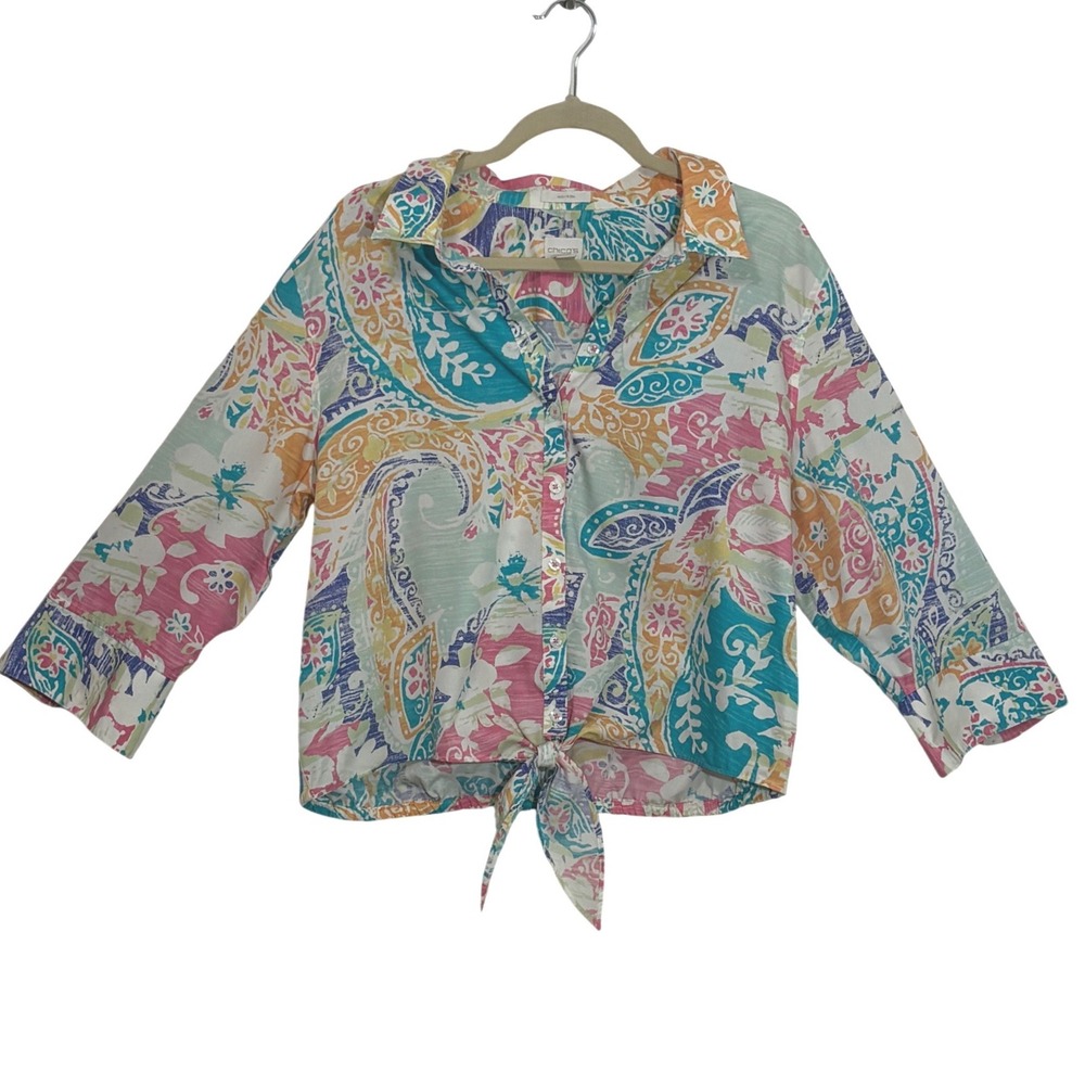 Chicos - Size 3 Floral Tie Front Button Down Blouse Multicolor Crop Top